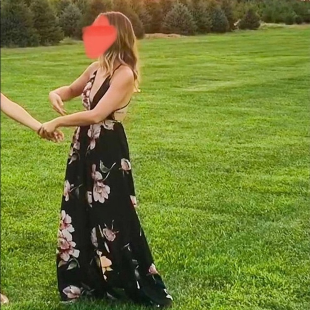 Backless Floral Black Maxi Dress.